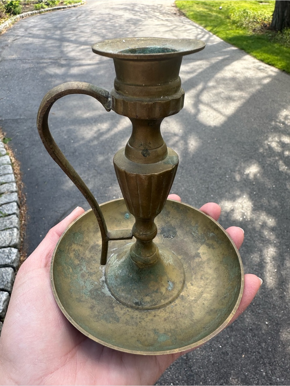 Antique-Style Brass Chamberstick Candle Holder - Patina